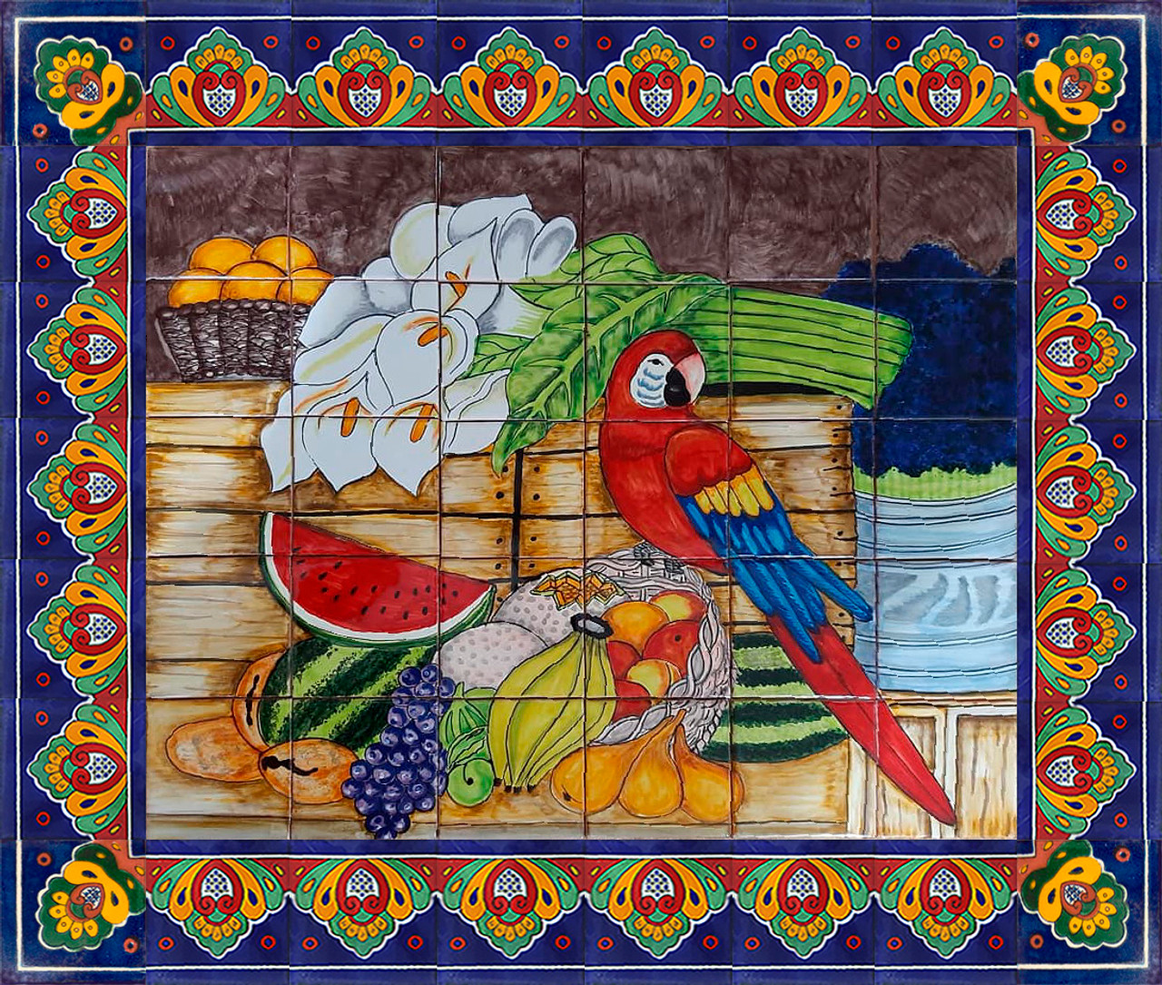 Mexican tile mural with macaw and calla lilies