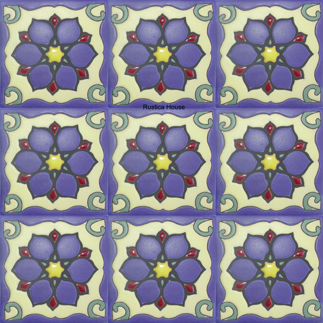 high relief tiles paintes purple blue, red, light yellow and white
