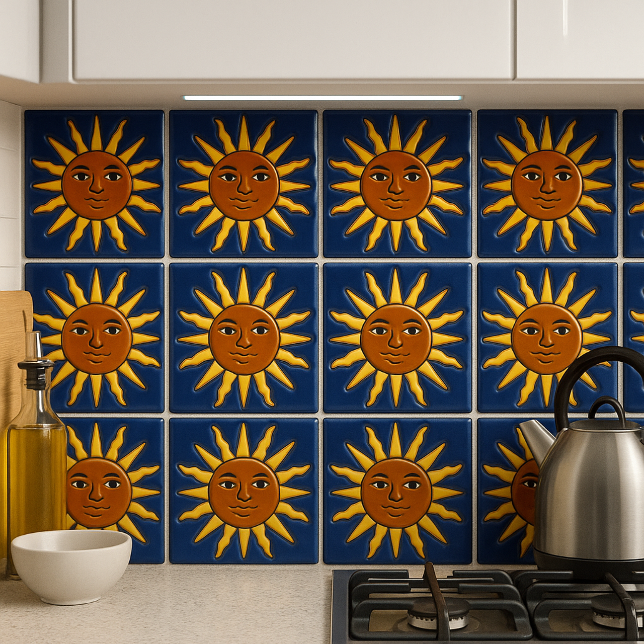 Blue and yellow Sun relief tile backsplash behind a stove and kettle.