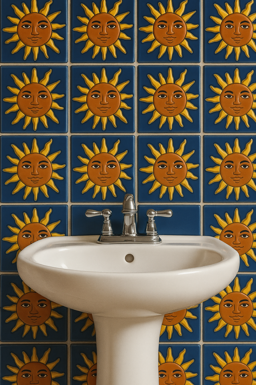 White pedestal sink with chrome faucet against a blue sun-face relief tile wall.