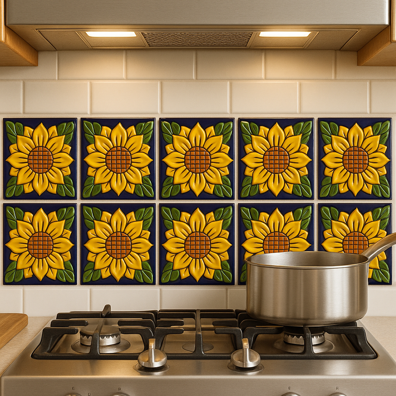 Outdoor wall decorated with sunflower relief tiles and terracotta floor.