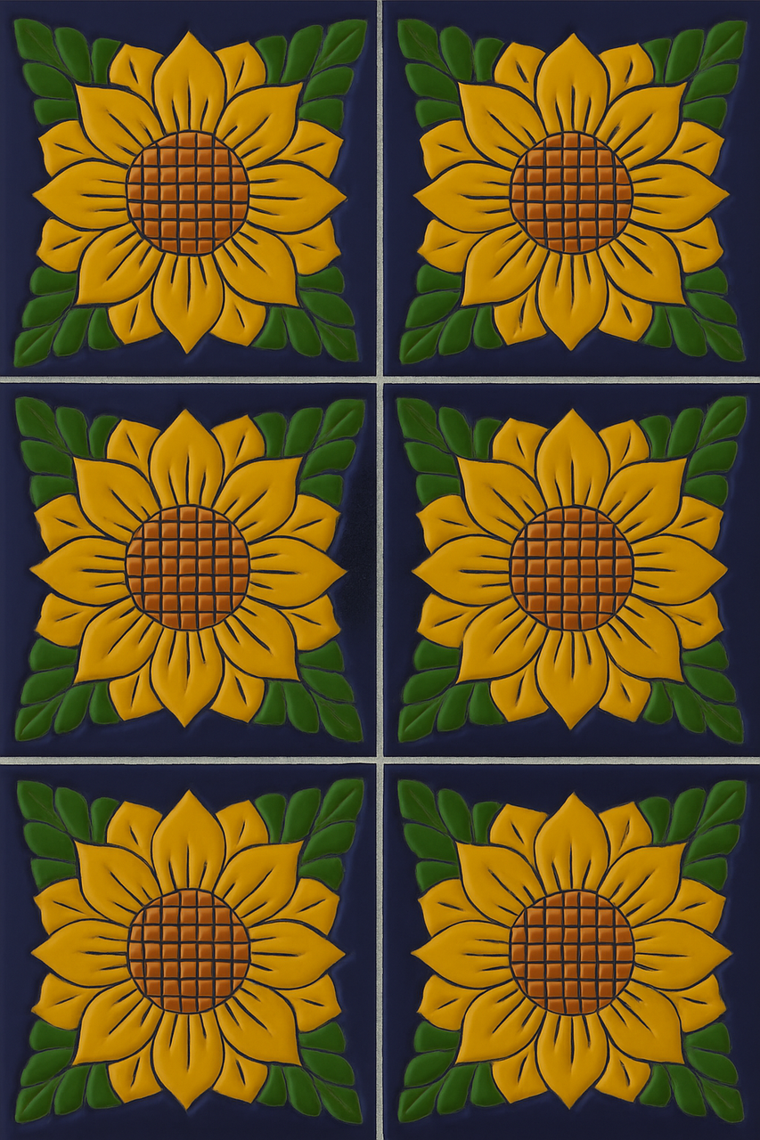high relief tiles paintes yellow, green, terracota and cobalt