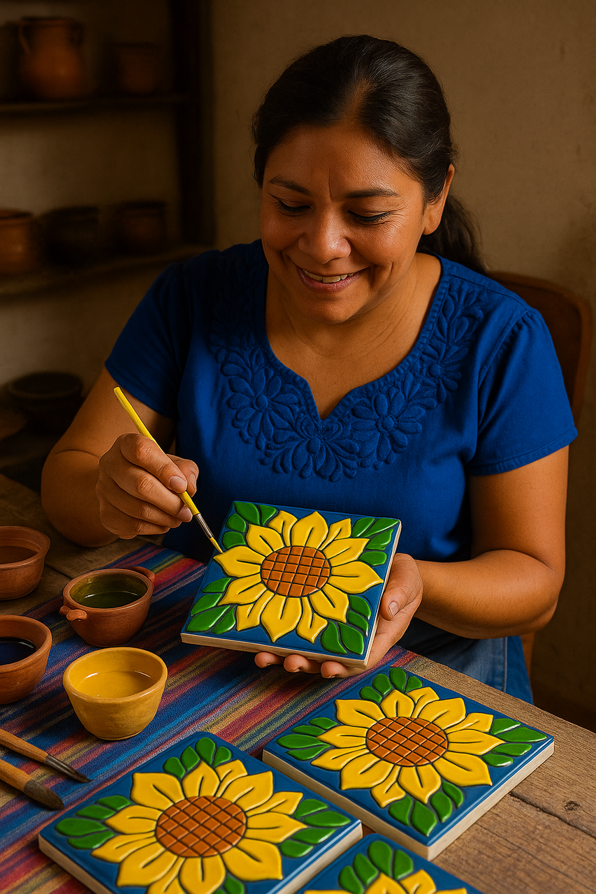 Artisan painting sunflower tile by hand