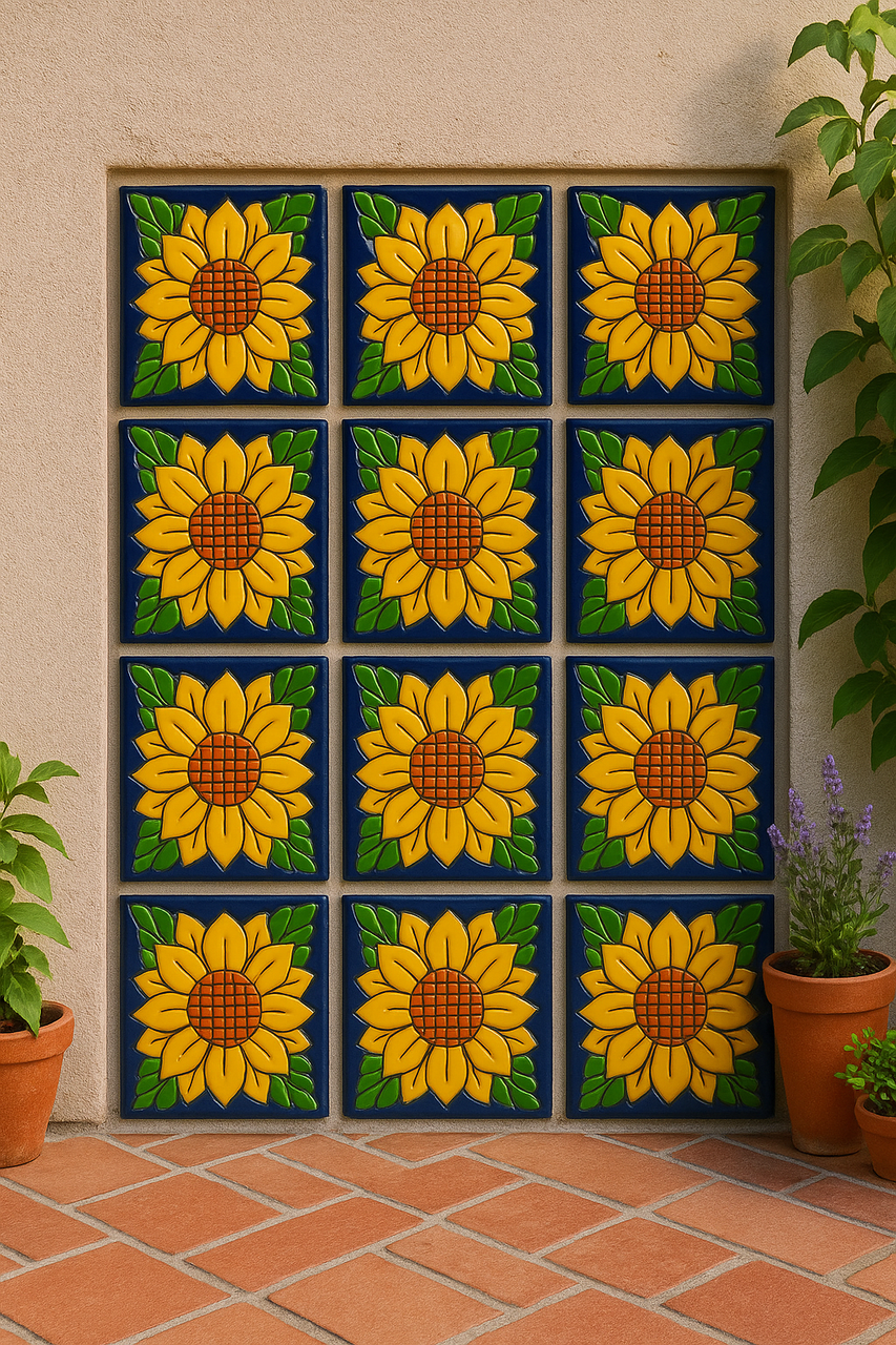 Outdoor wall decorated with sunflower relief tiles and terracotta floor.