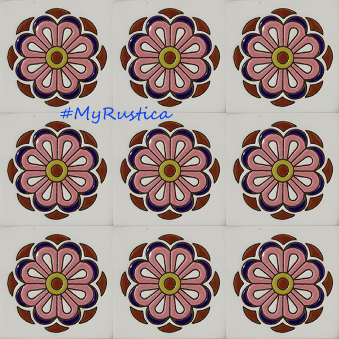 high relief tiles paintes pink, cobalt, brown and white