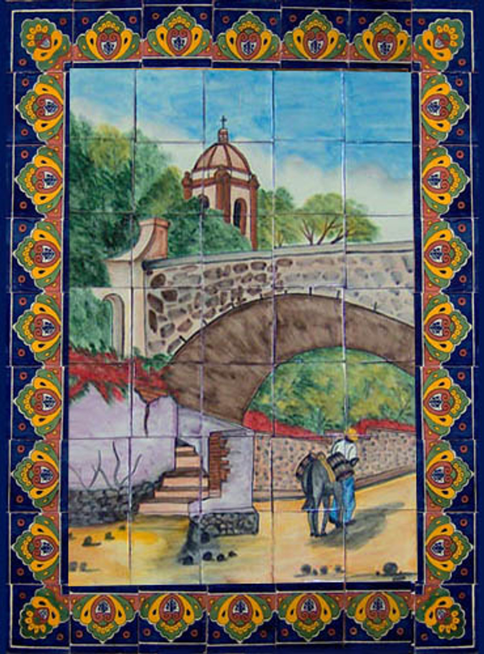 mexican tile mural with bridge