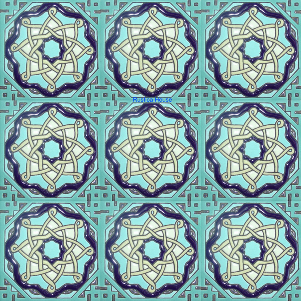 high relief tiles paintes turquoise, cobalt and white