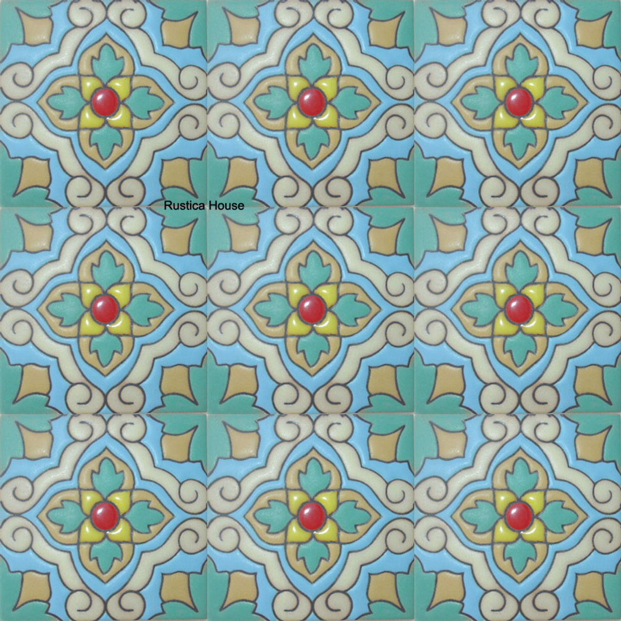 high relief tiles paintes blue, pastel green, yellow and white