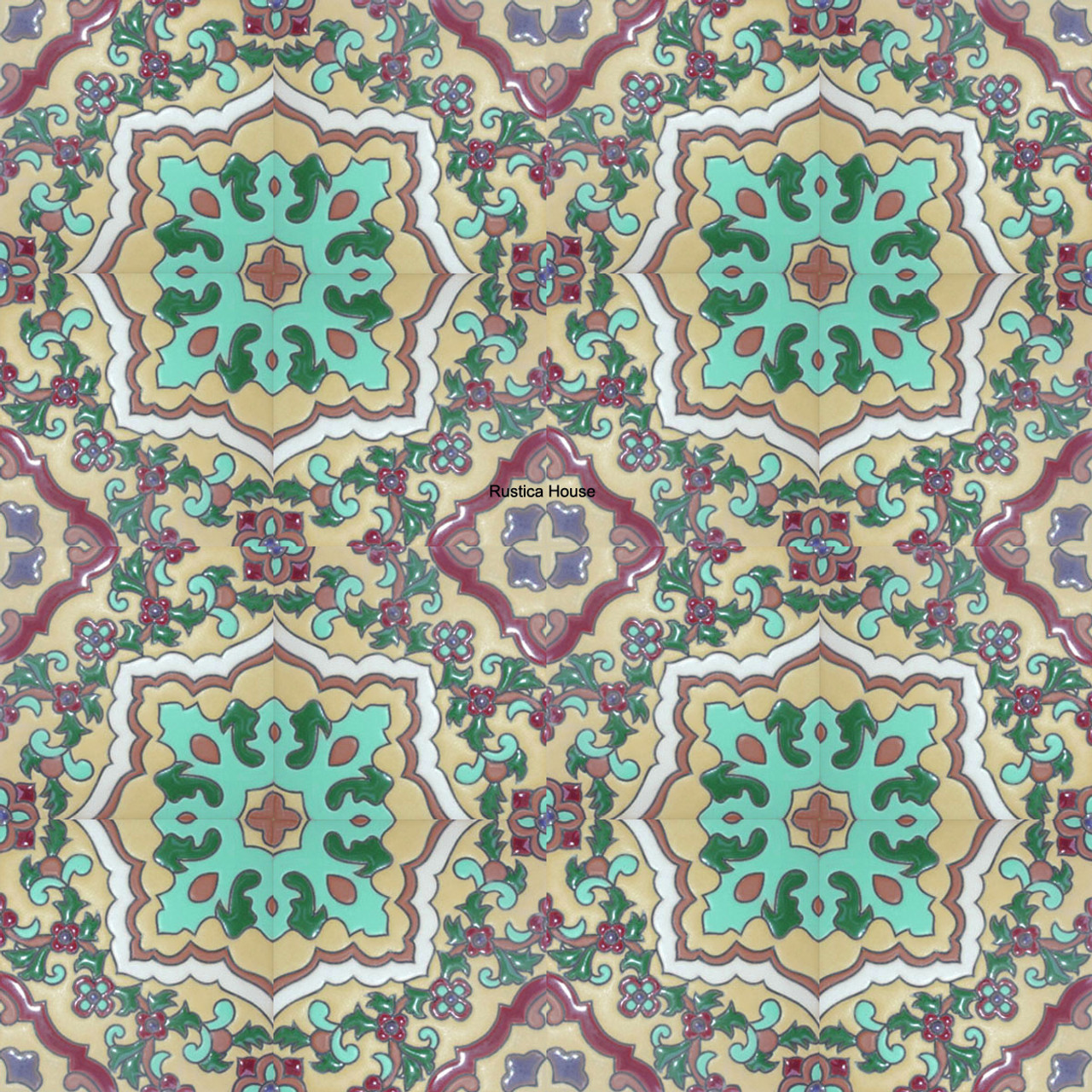 high relief tiles paintes plum, green, pastel green and yellow wheat