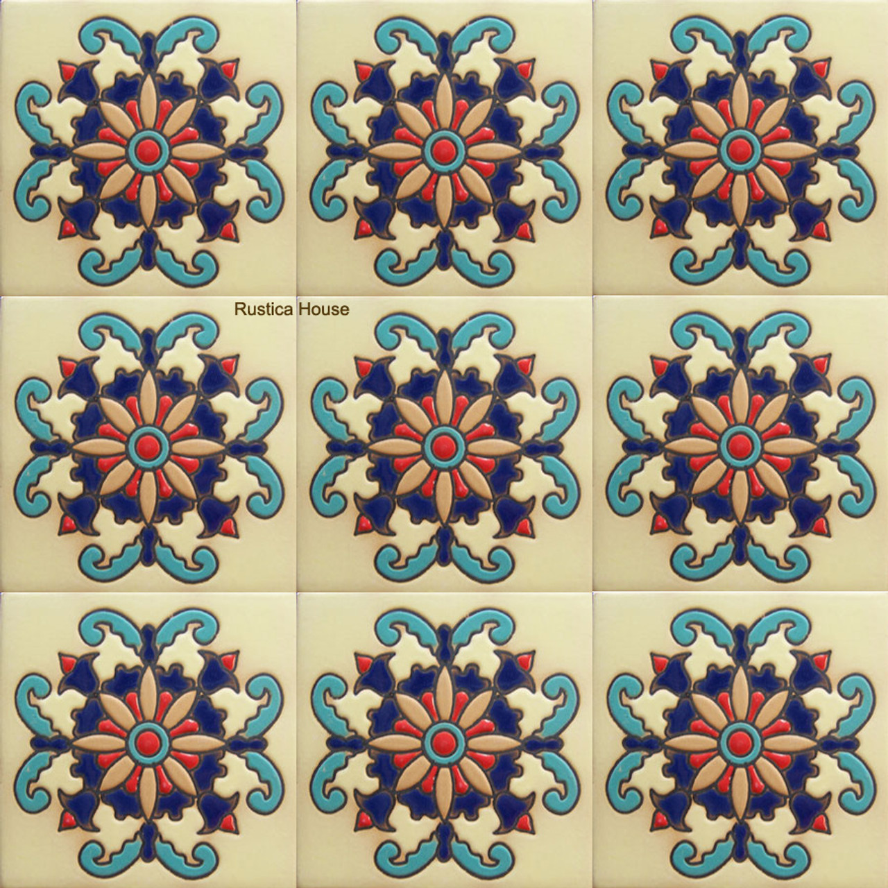 high relief tiles paintes cobalt, pastel green, bright red and mexican white