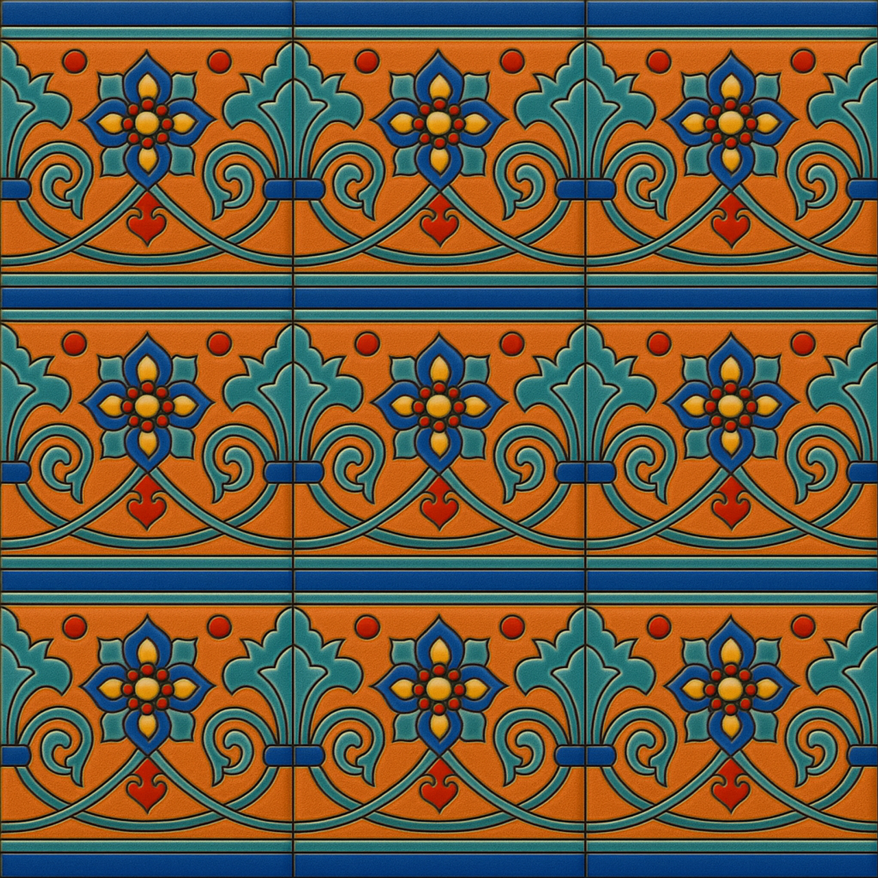 high relief borders paintes blue, green, yellow, red and terracota