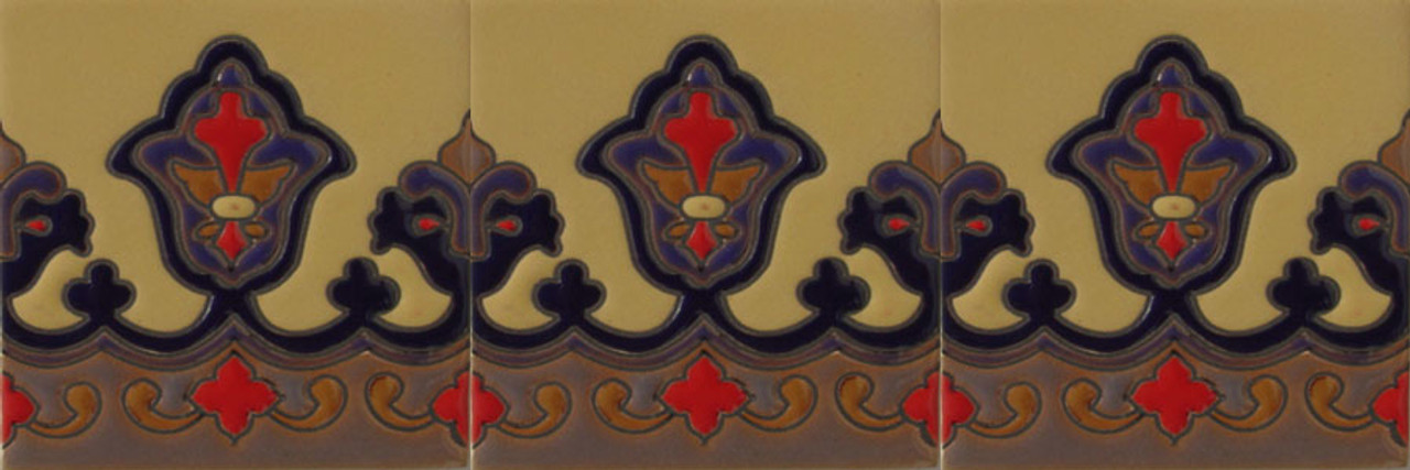 high relief borders paintes cobalt, red, brown and khaki