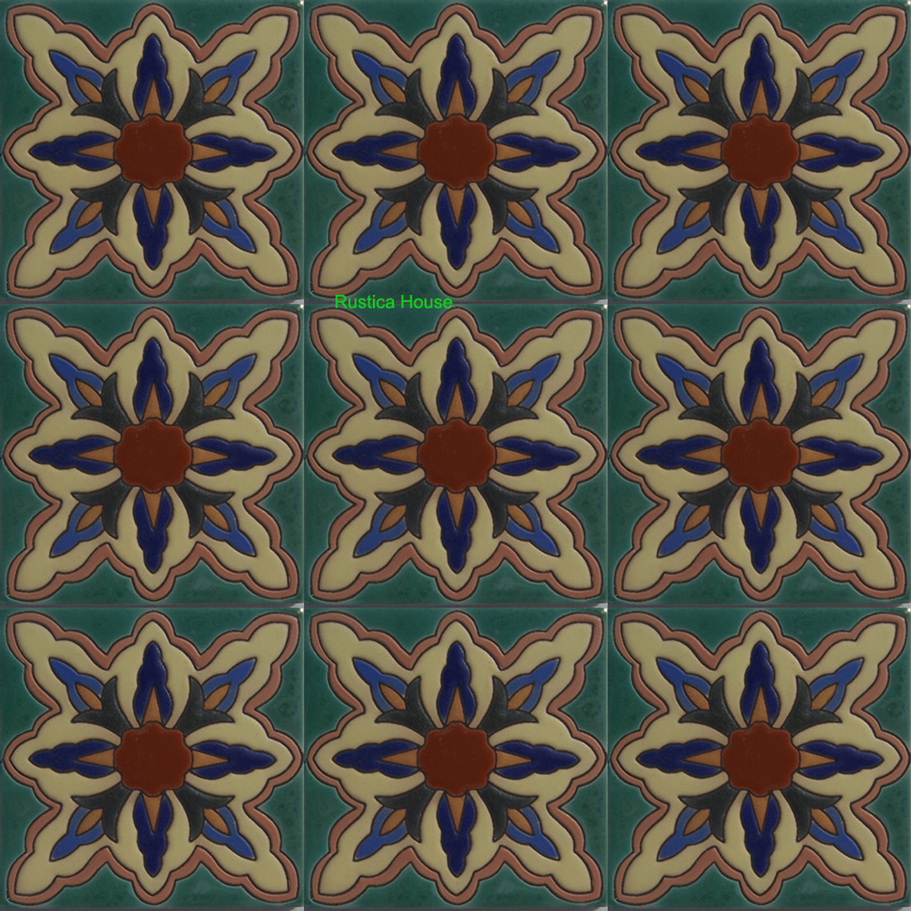 high relief tiles paintes green, blue, brown and mexican white