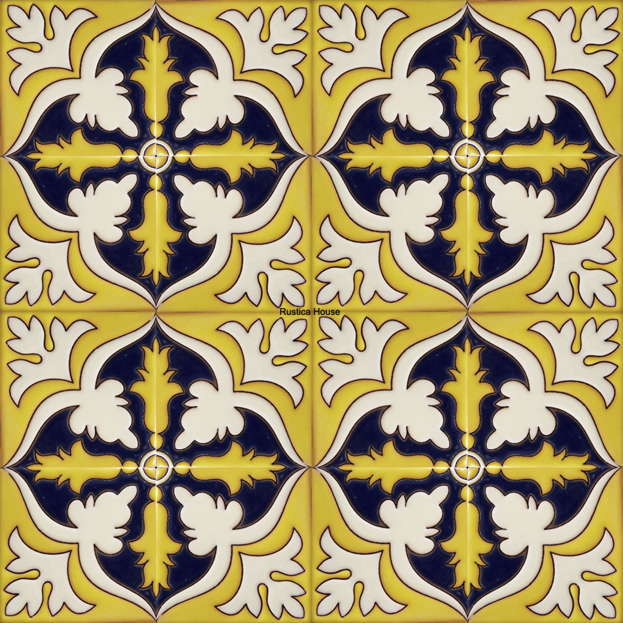 high relief tiles paintes yellow, cobalt and white