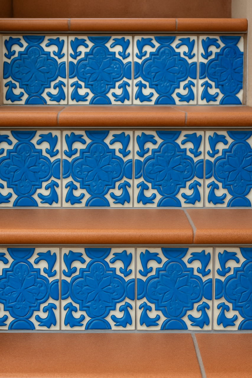 Blue Luciana relief tiles on terracotta stair risers.