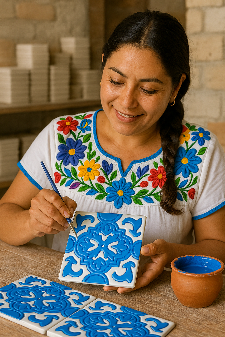 Artisan painting a blue Luciana relief tile by hand.