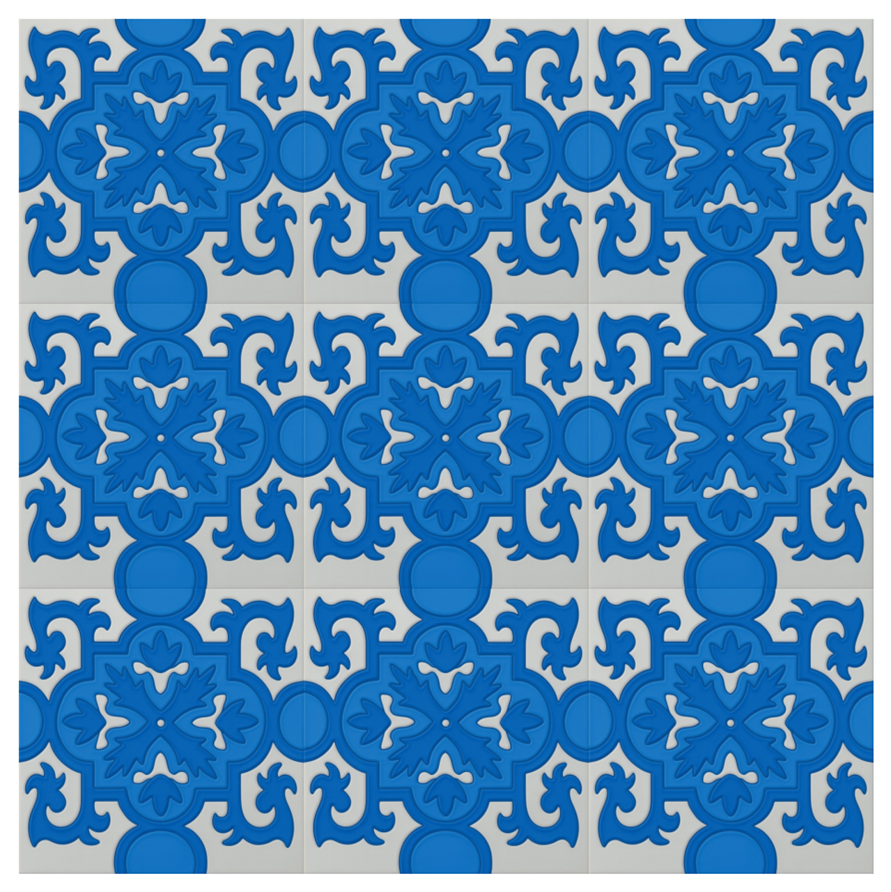 Repeating pattern of blue and white Luciana relief tiles.