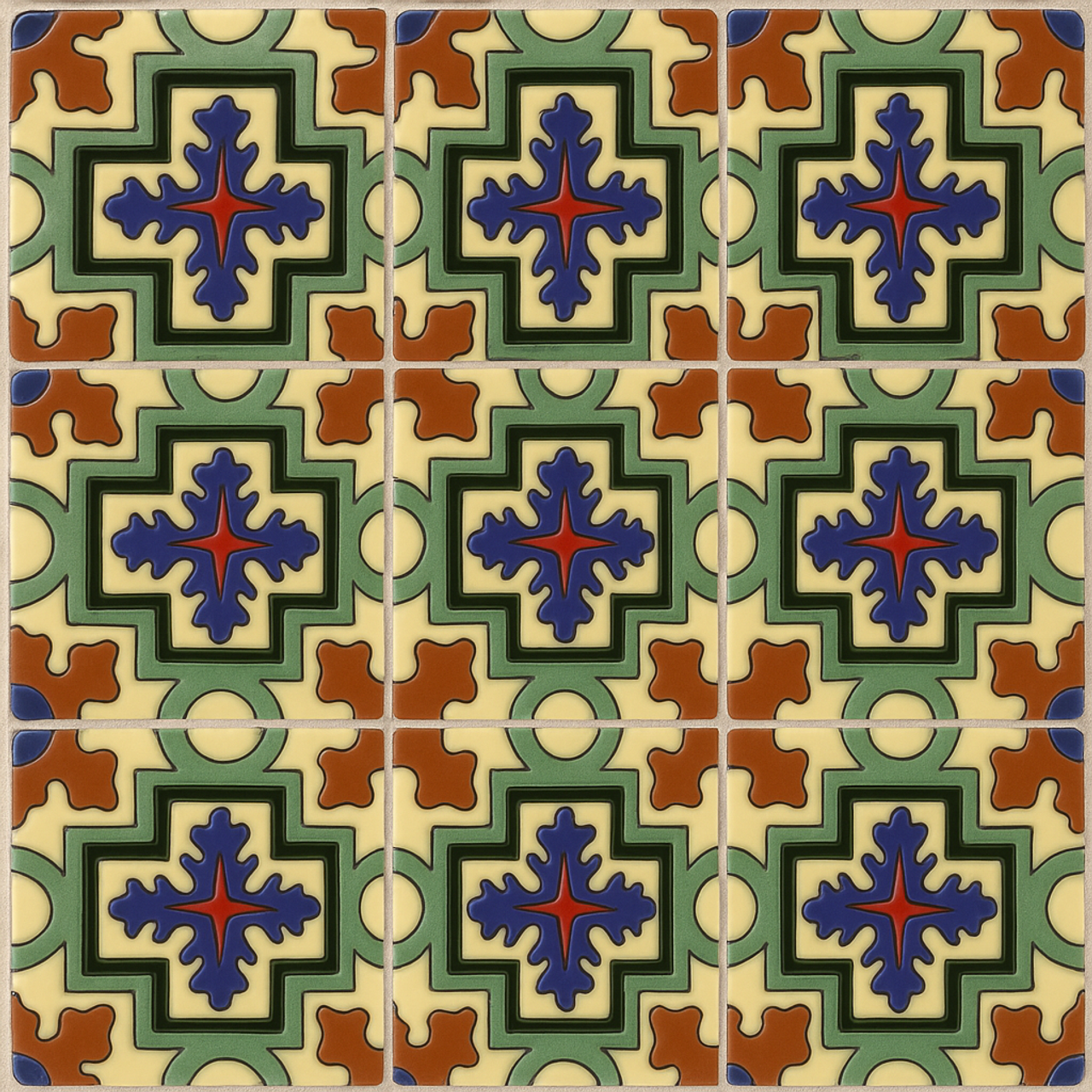 high relief tiles paintes gray, blue, brown and cream