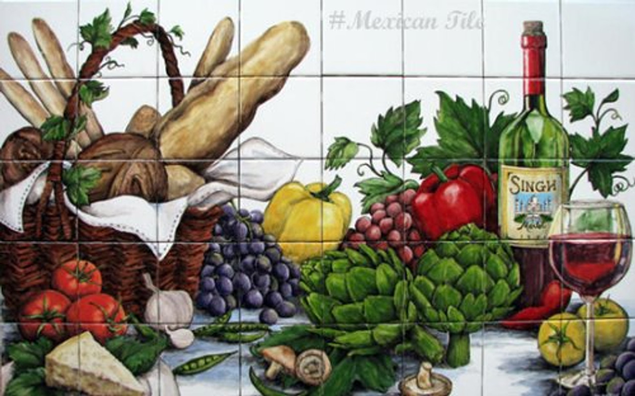 mexican tile mural with wine and artichokes