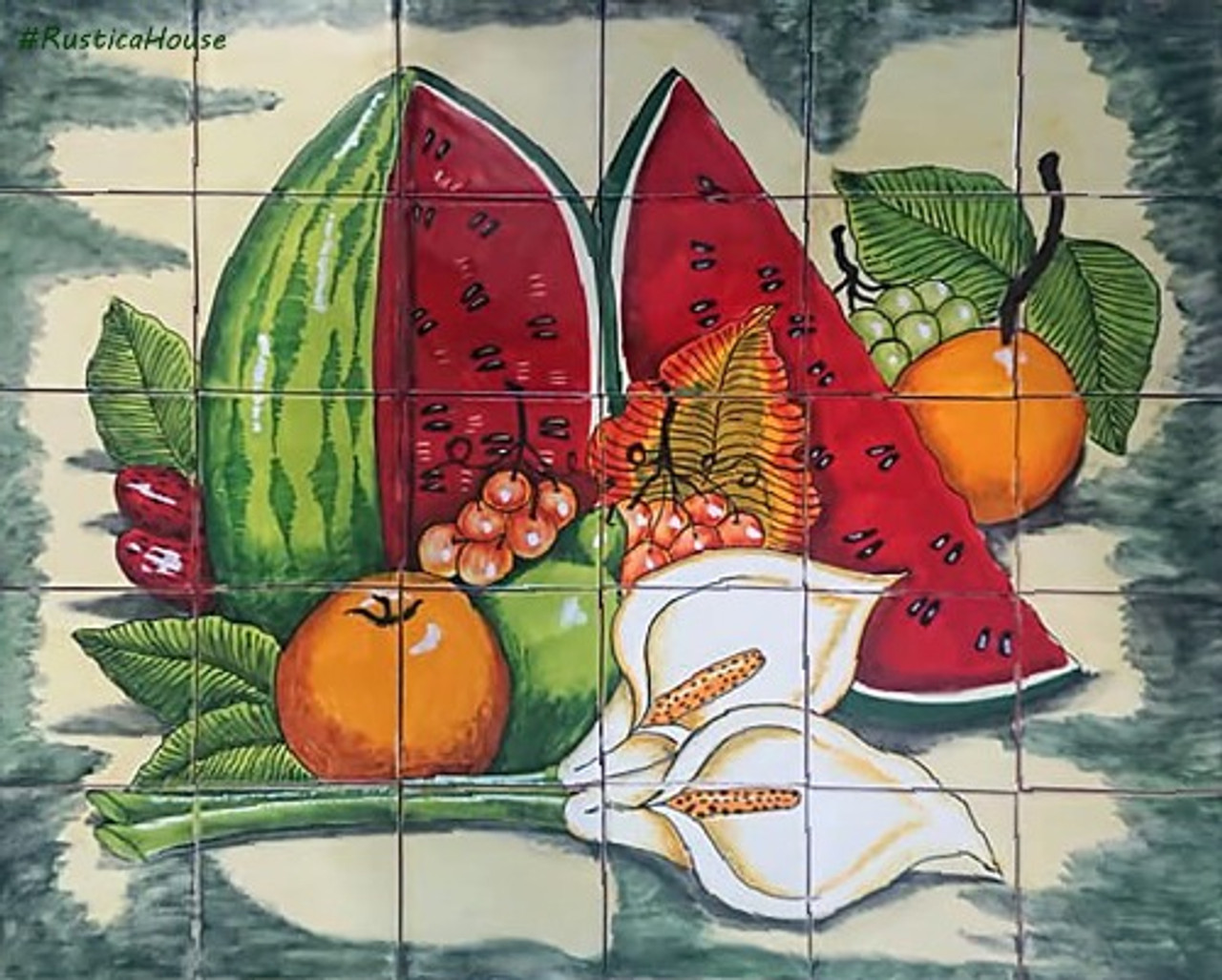 mexican tile mural with watermelon and calla lilies