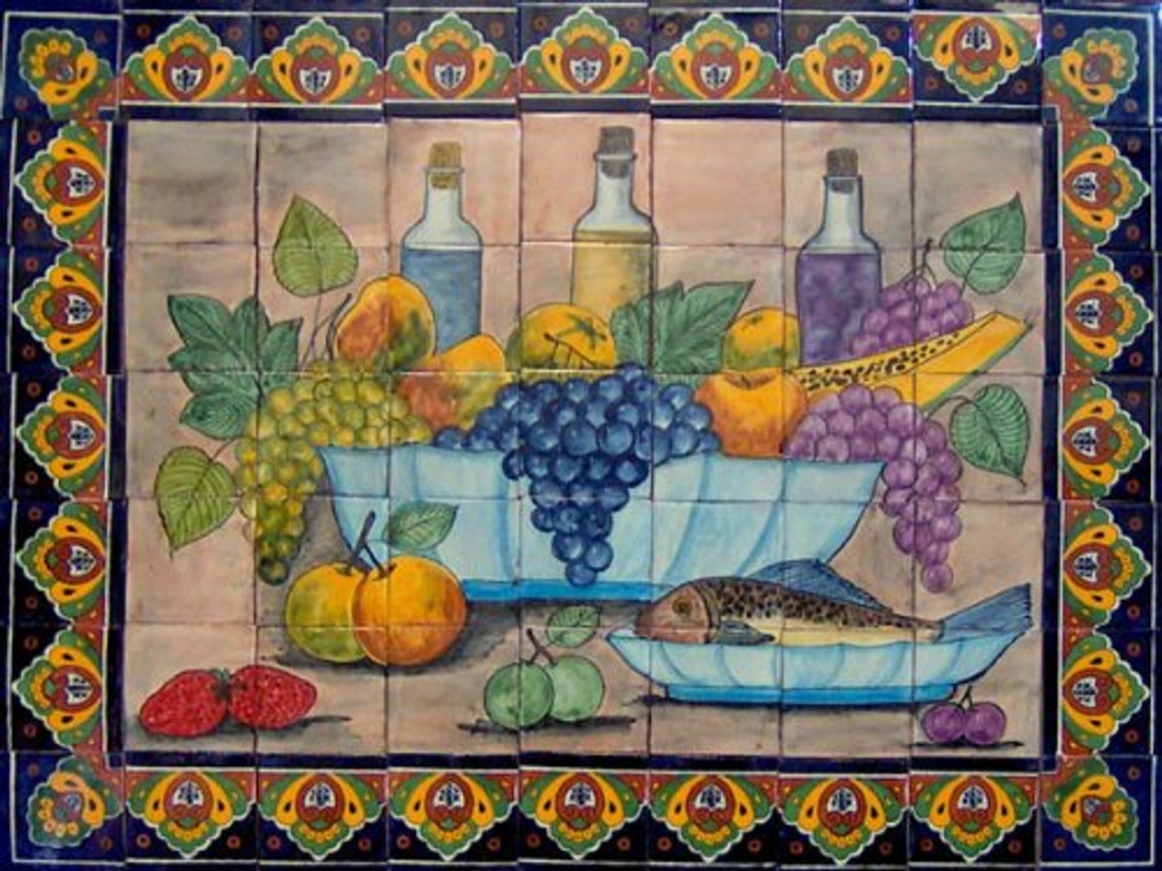 mexican tile mural with wine, fruit and fish