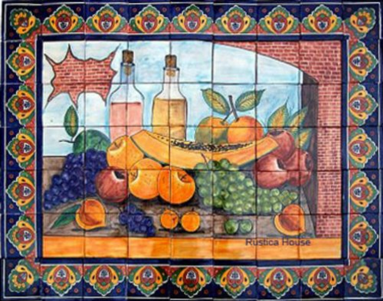 mexican tile mural with wine and fruit