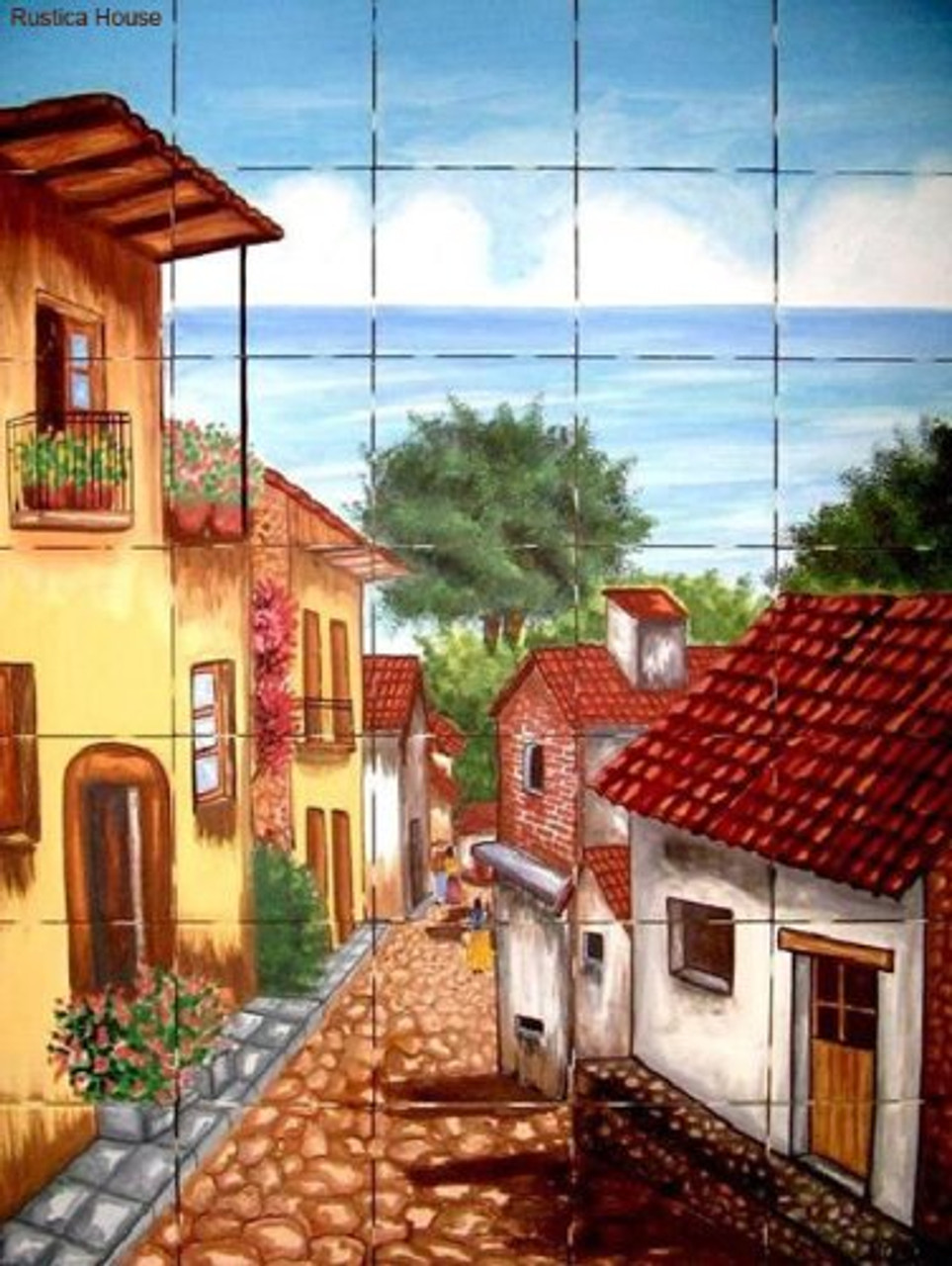 mexican tile mural with colonial village