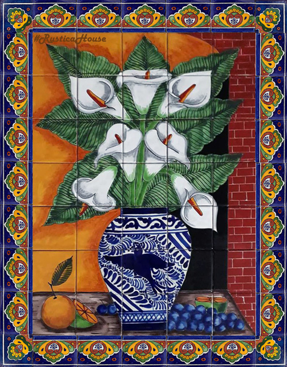 mexican tile mural with grapes and calla lilies