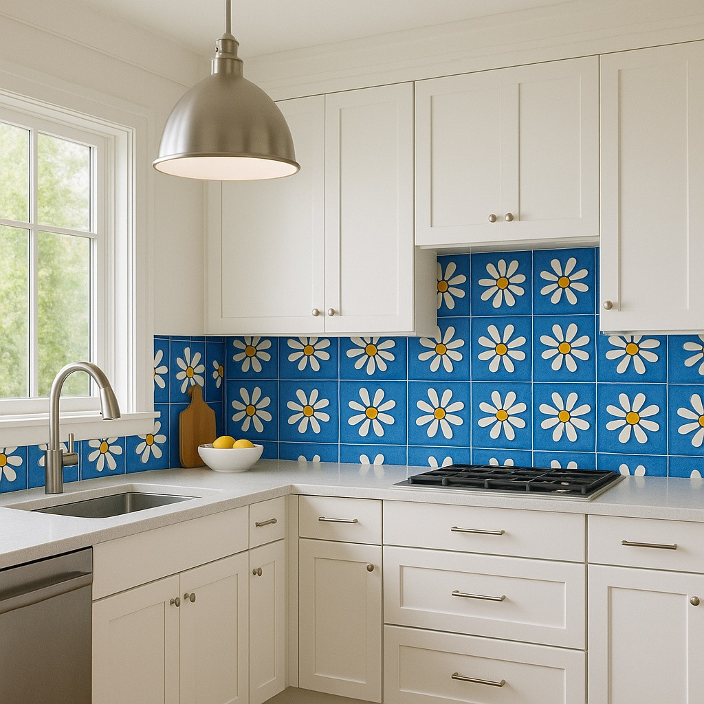 Mexican Tile Blue White Yellow Amapola Flower