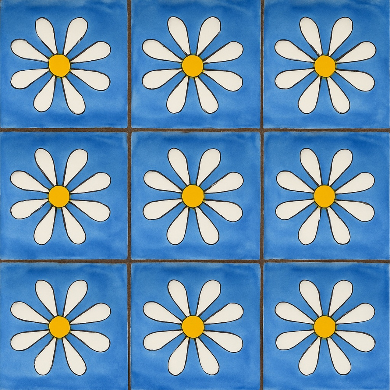 Hand-painted amapola flower accent tile arranged in a repeating grid to show pattern flow
