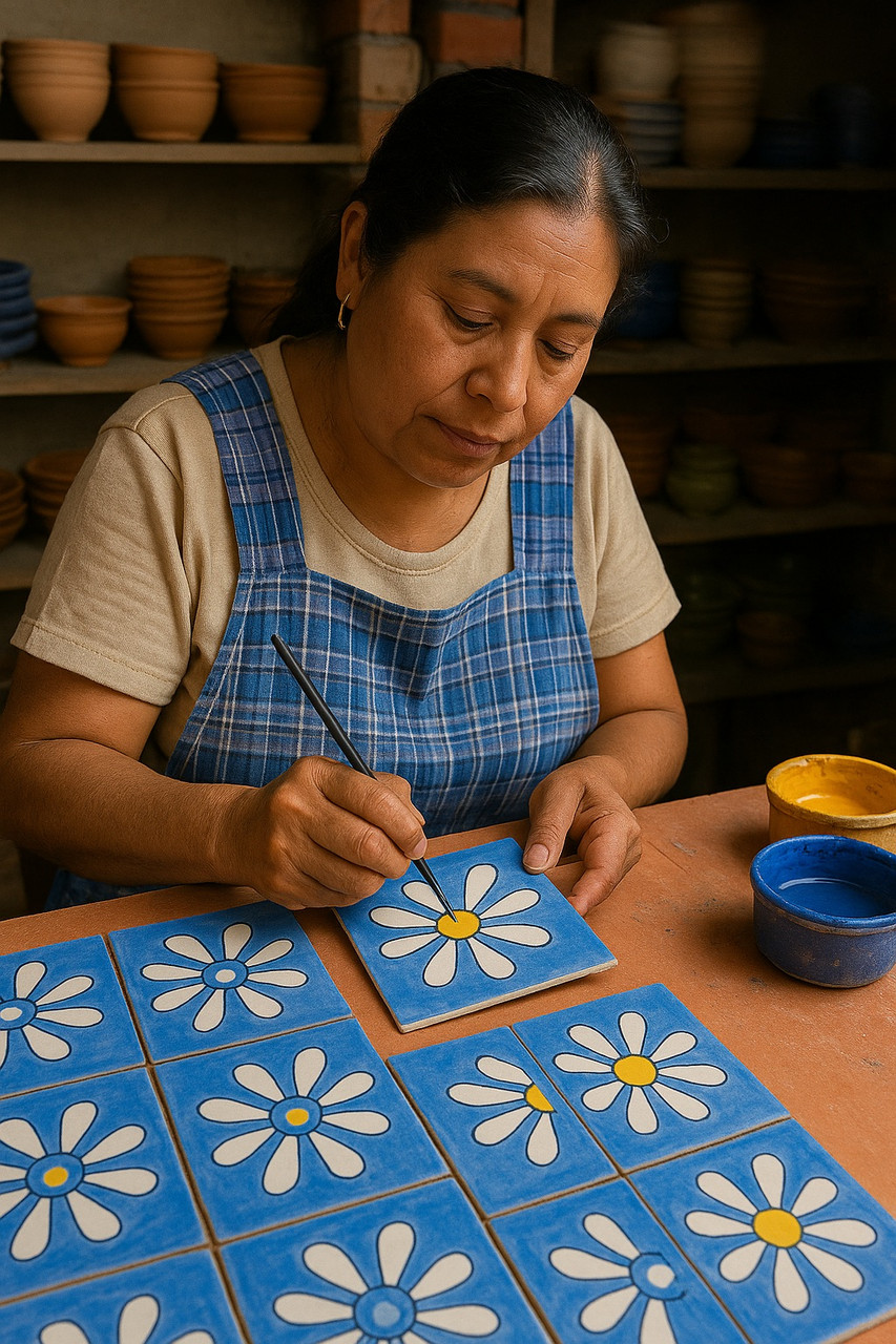 Mexican Tile Blue White Yellow Amapola Flower