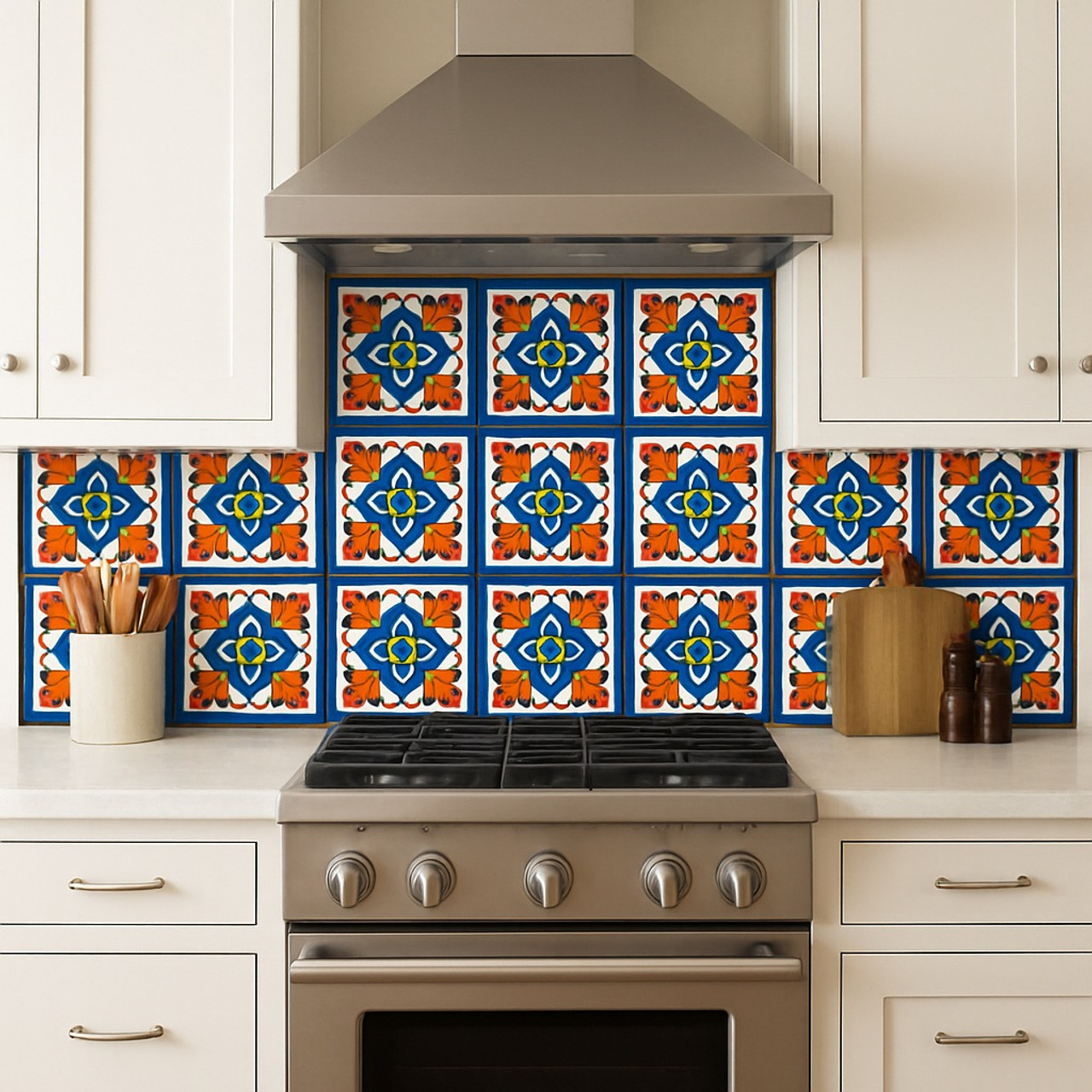 Hand-painted floral scroll talavera tile featured in a traditional kitchen backsplash with wood cabinets