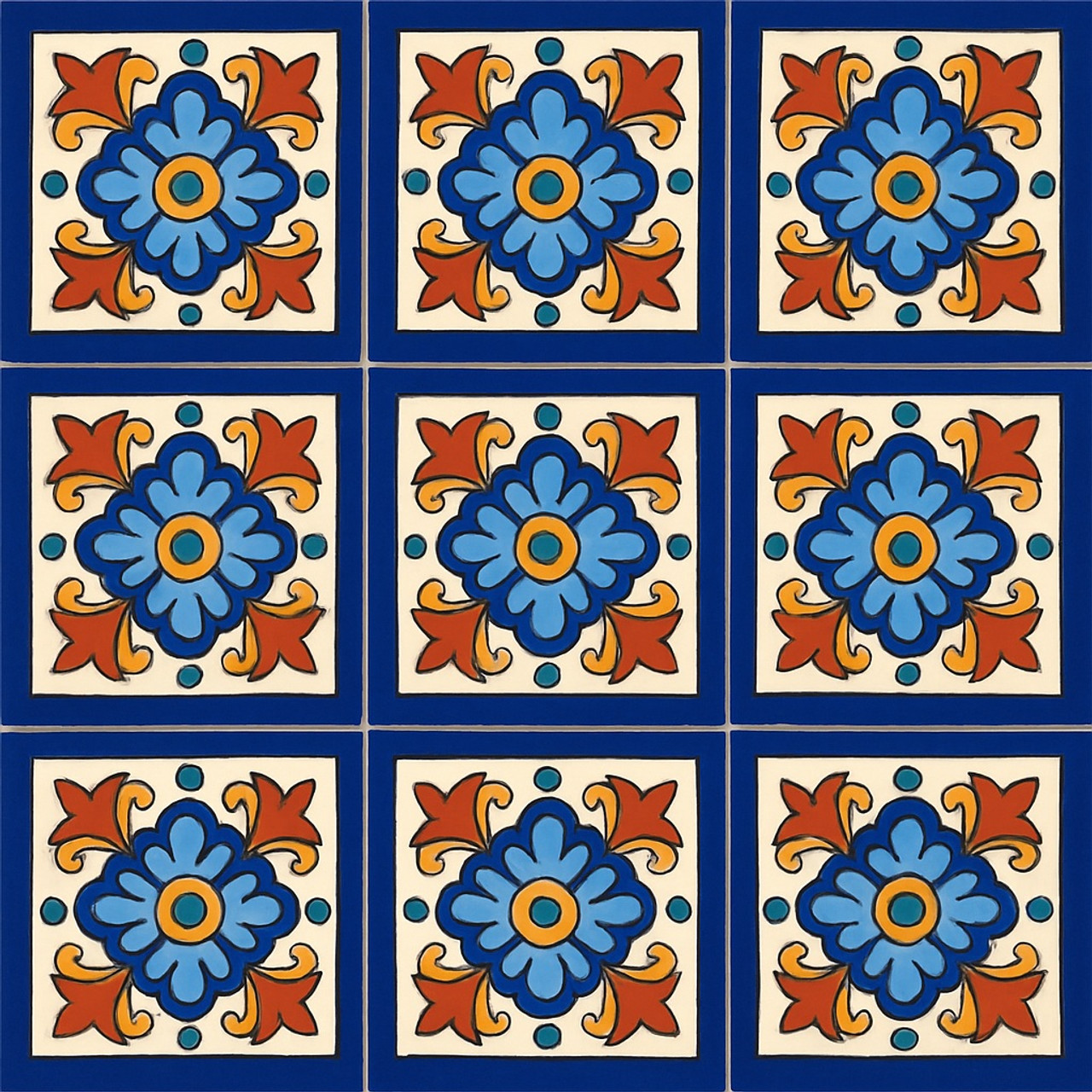 Hand-painted floral scroll talavera tile repeated in grid layout showing full pattern flow and symmetry