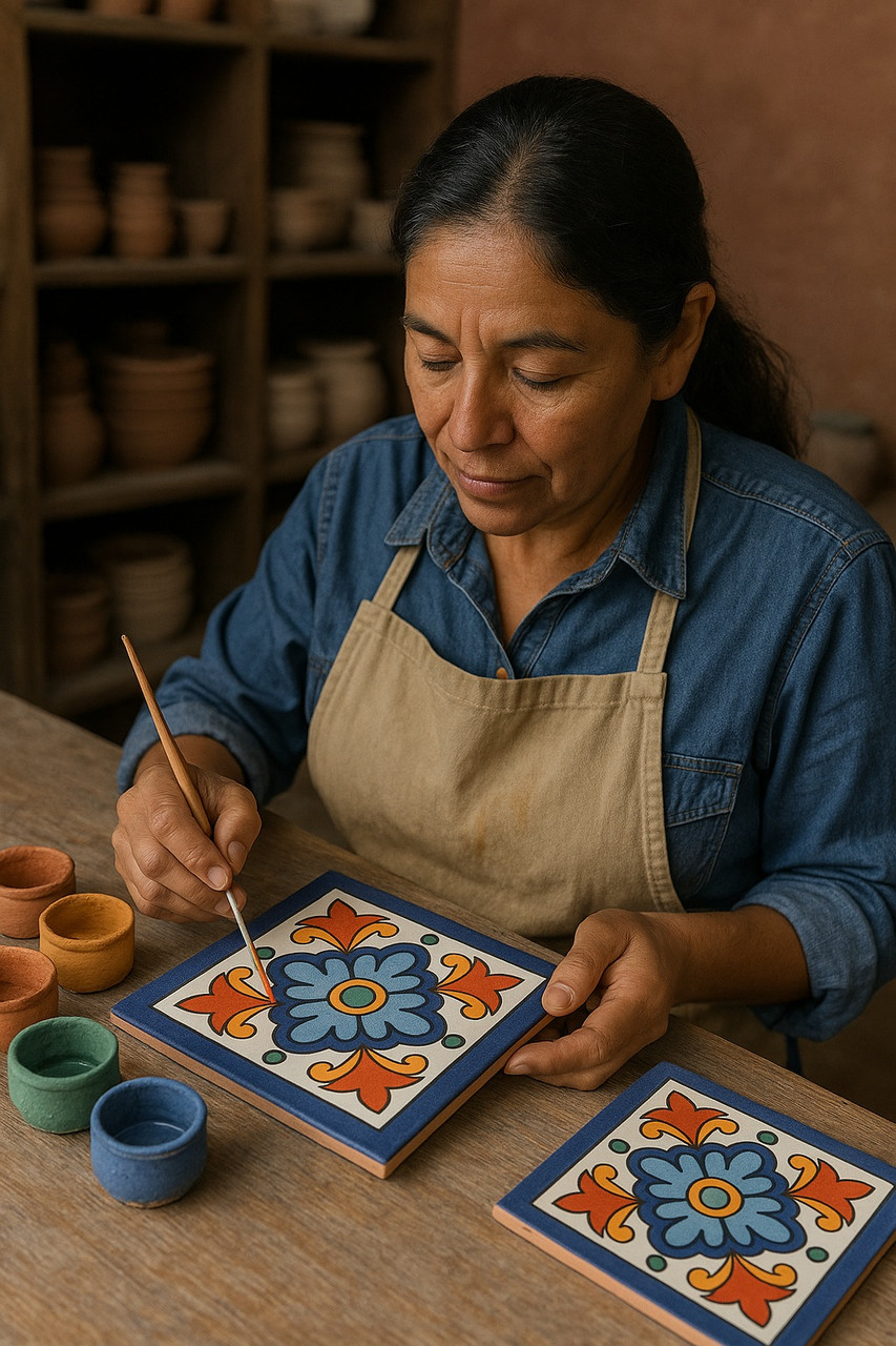 Hand-painted floral scroll talavera tile being painted by a Mexican artisan in her workshop