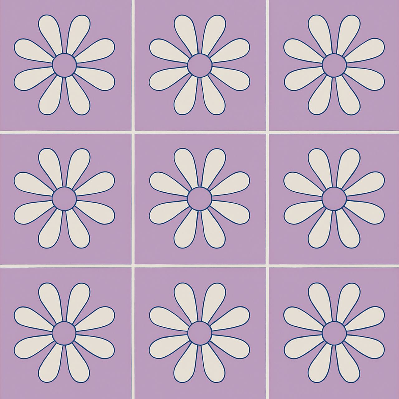 Cream daisy motif on lavender tiles.