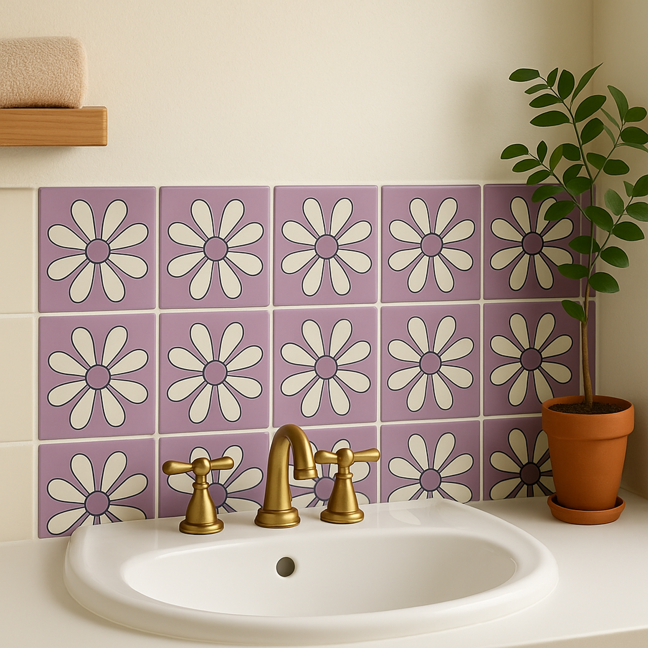 Lavender daisy tiles behind a white sink with gold faucet and a potted plant.