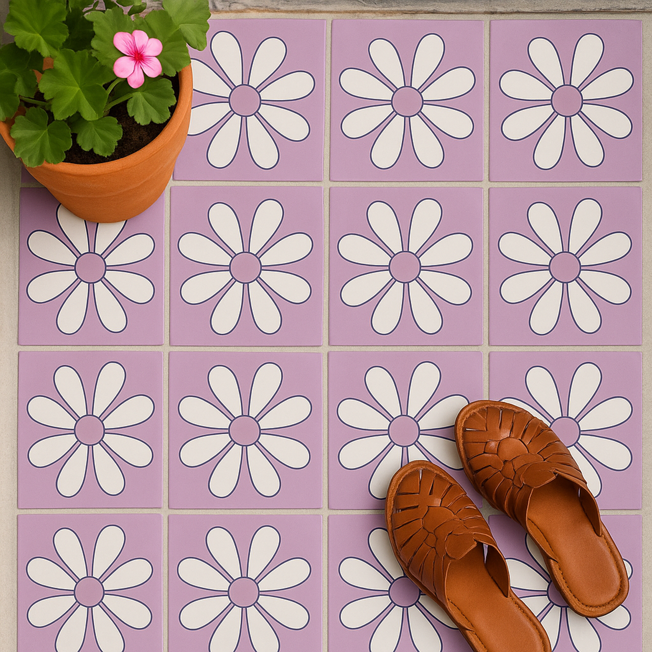 Lavender daisy floor tiles with brown huarache sandals and a potted pink flower.