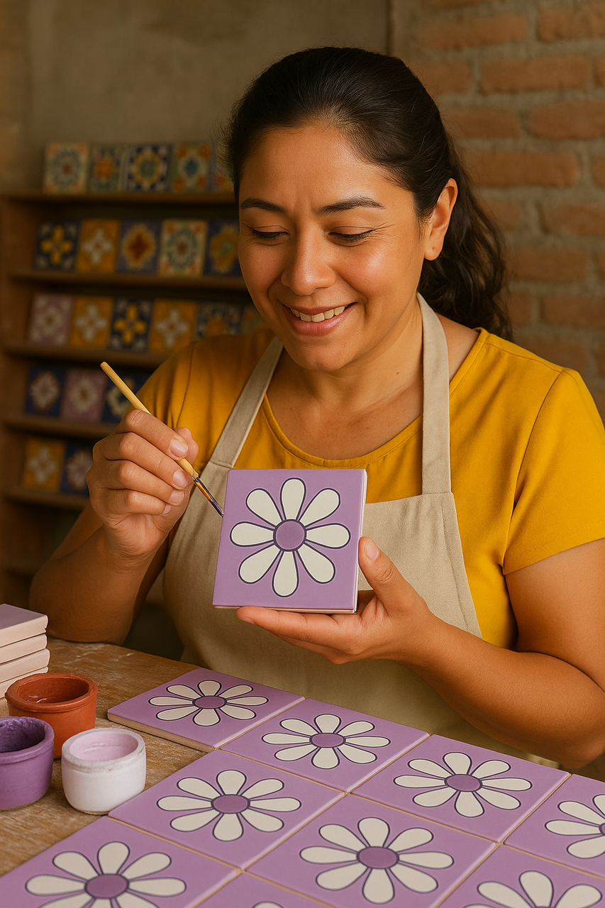 Artisan hand-painting a cream daisy on a lavender relief tile.