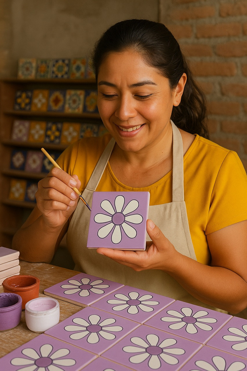 Mexican Tile Blue White Yellow Amapola Flower
