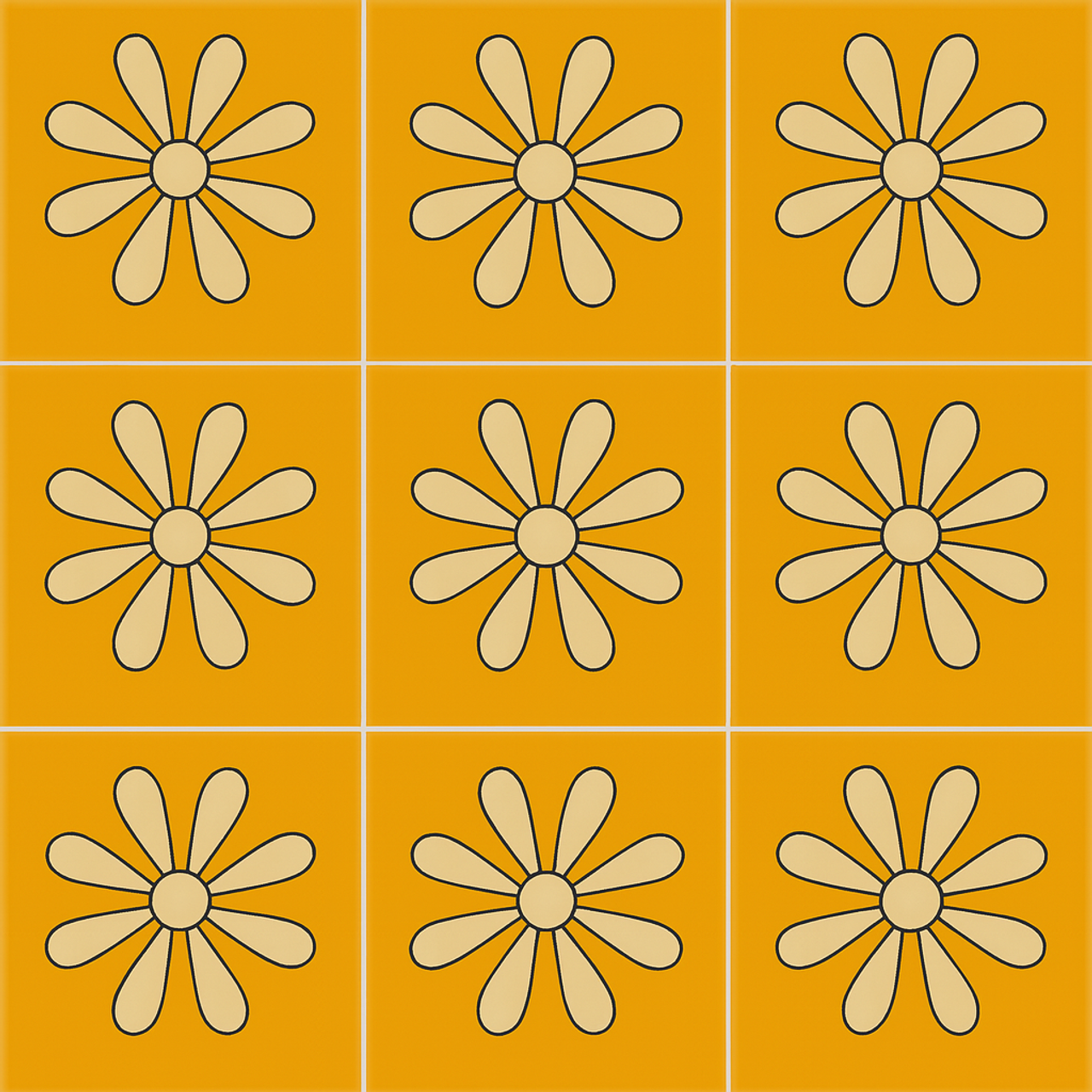 Grid of orange Talavera tiles with cream daisy flower design.