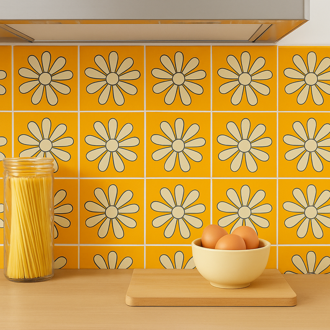 Orange daisy tile backsplash in a kitchen with a pasta jar, cutting board, and bowl of eggs.