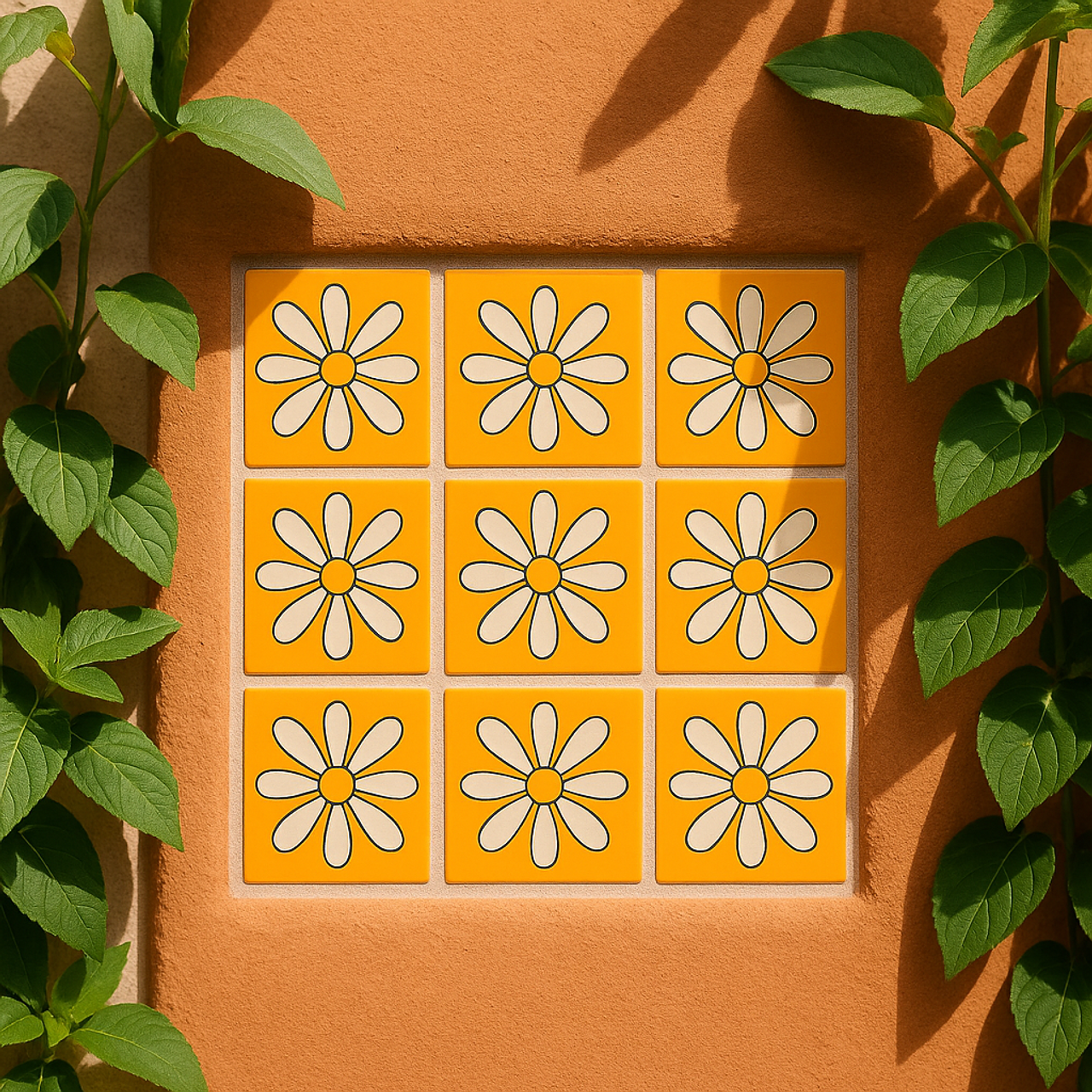 Outdoor wall niche with orange daisy Talavera tiles framed by greenery.