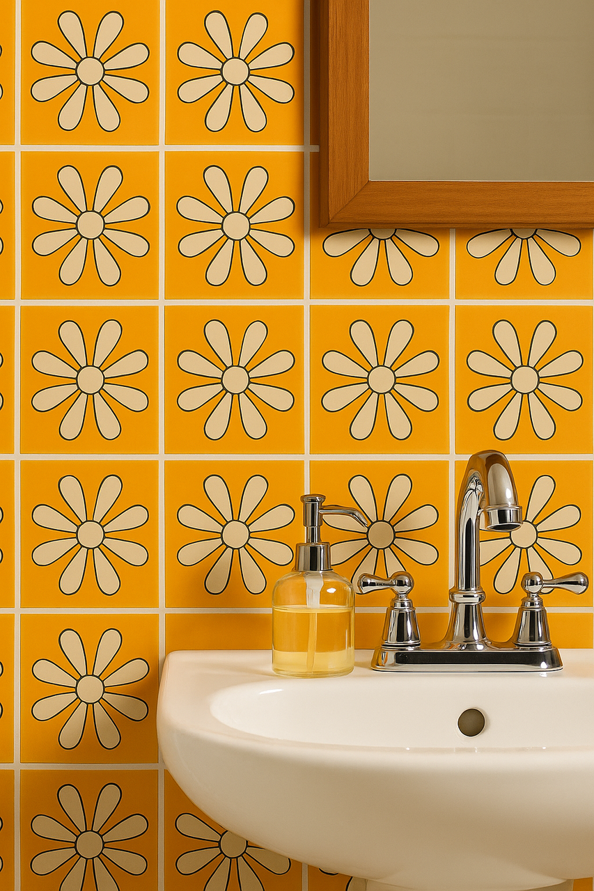 Bathroom wall with orange daisy Talavera tiles behind a white sink and chrome faucet.