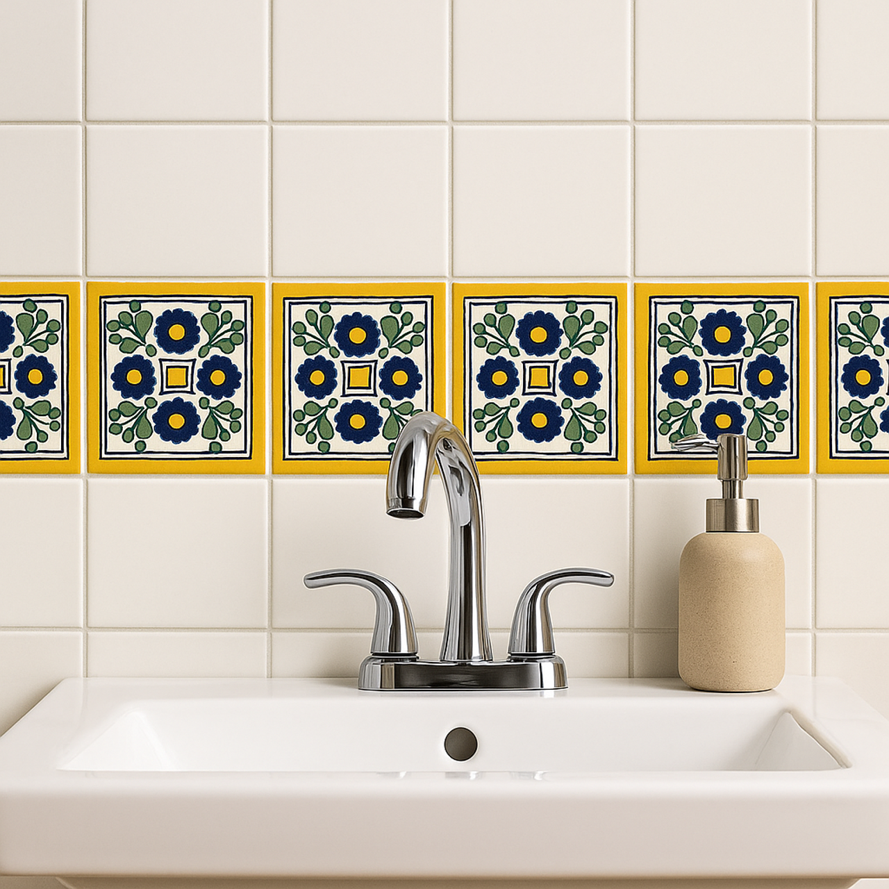 White bathroom sink with chrome faucet set against a wall featuring a decorative strip of "Colonial Sun" Talavera tiles.