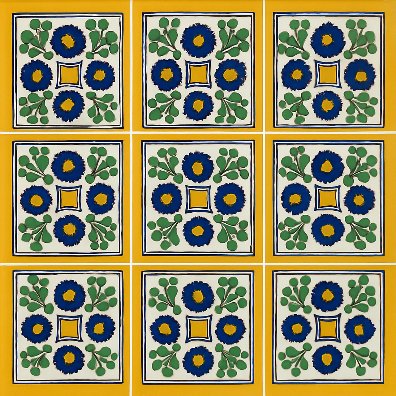 Grid of "Colonial Sun" Talavera tiles with navy flowers, green foliage, and yellow centerpieces on a white and gold background.