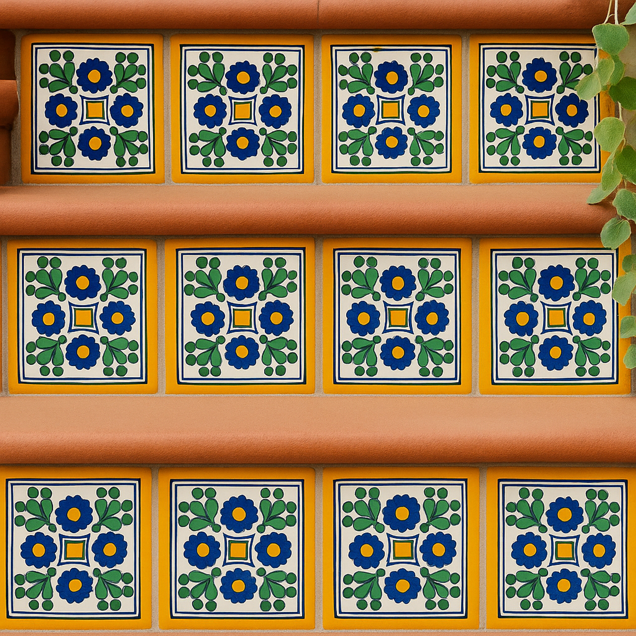 Stair risers decorated with "Colonial Sun" Talavera tiles featuring blue flowers, green leaves, and yellow accents.