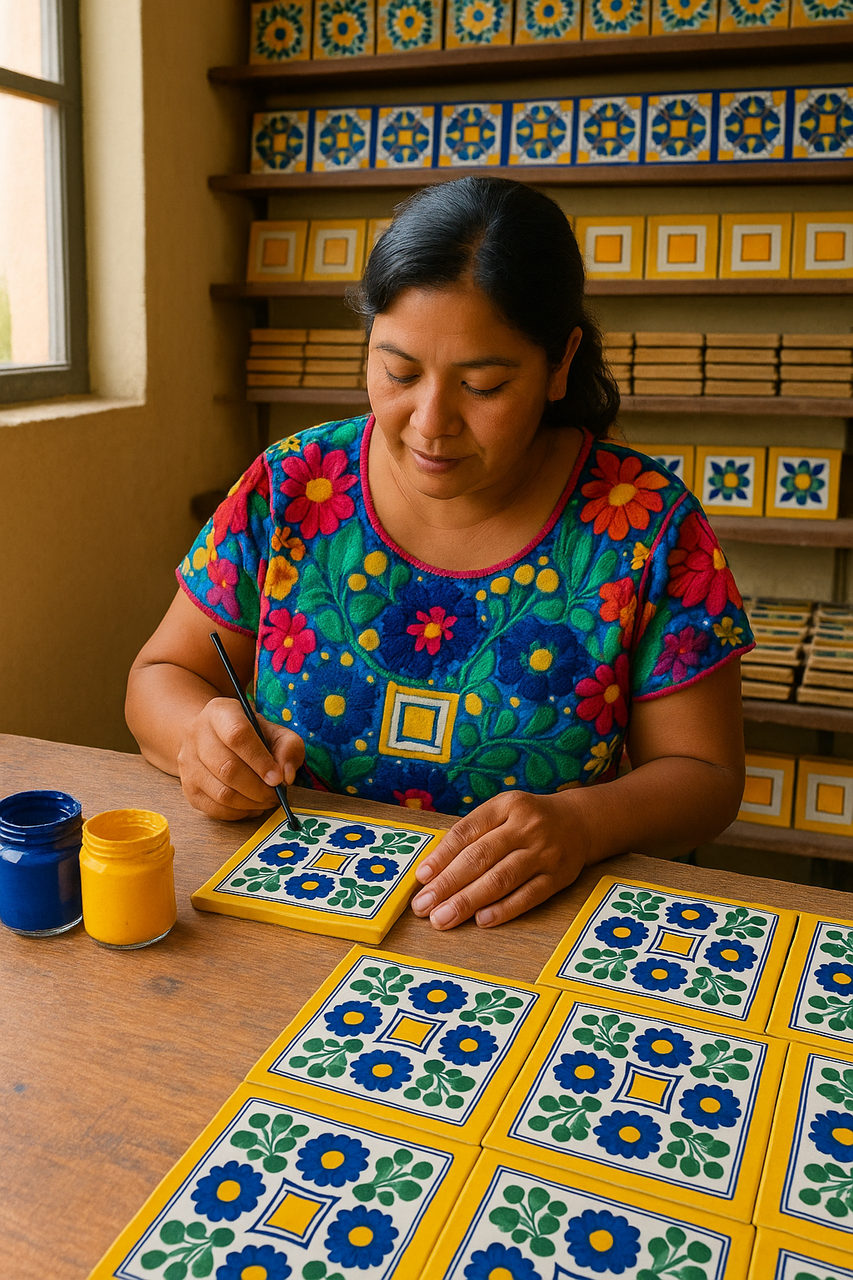 Artisan painting a "Colonial Sun" Talavera tile with blue flowers and green leaves in a traditional workshop.