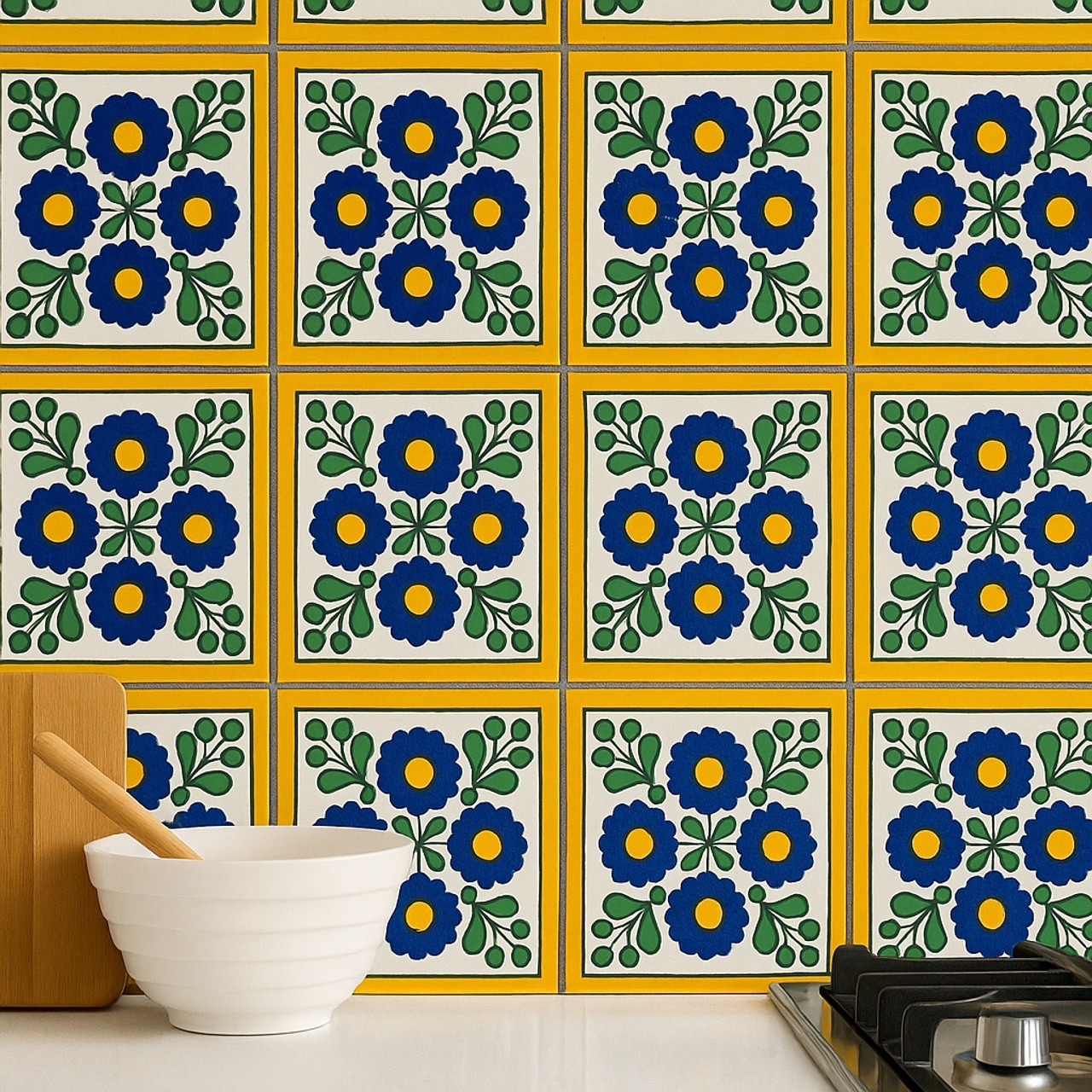 Kitchen backsplash with "Colonial Sun" Talavera tiles featuring blue flowers and green leaves, next to a stove and mixing bowl.