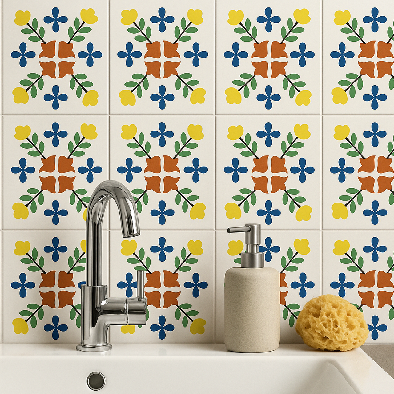 Colorful floral Mexican tiles used as a bathroom backsplash.