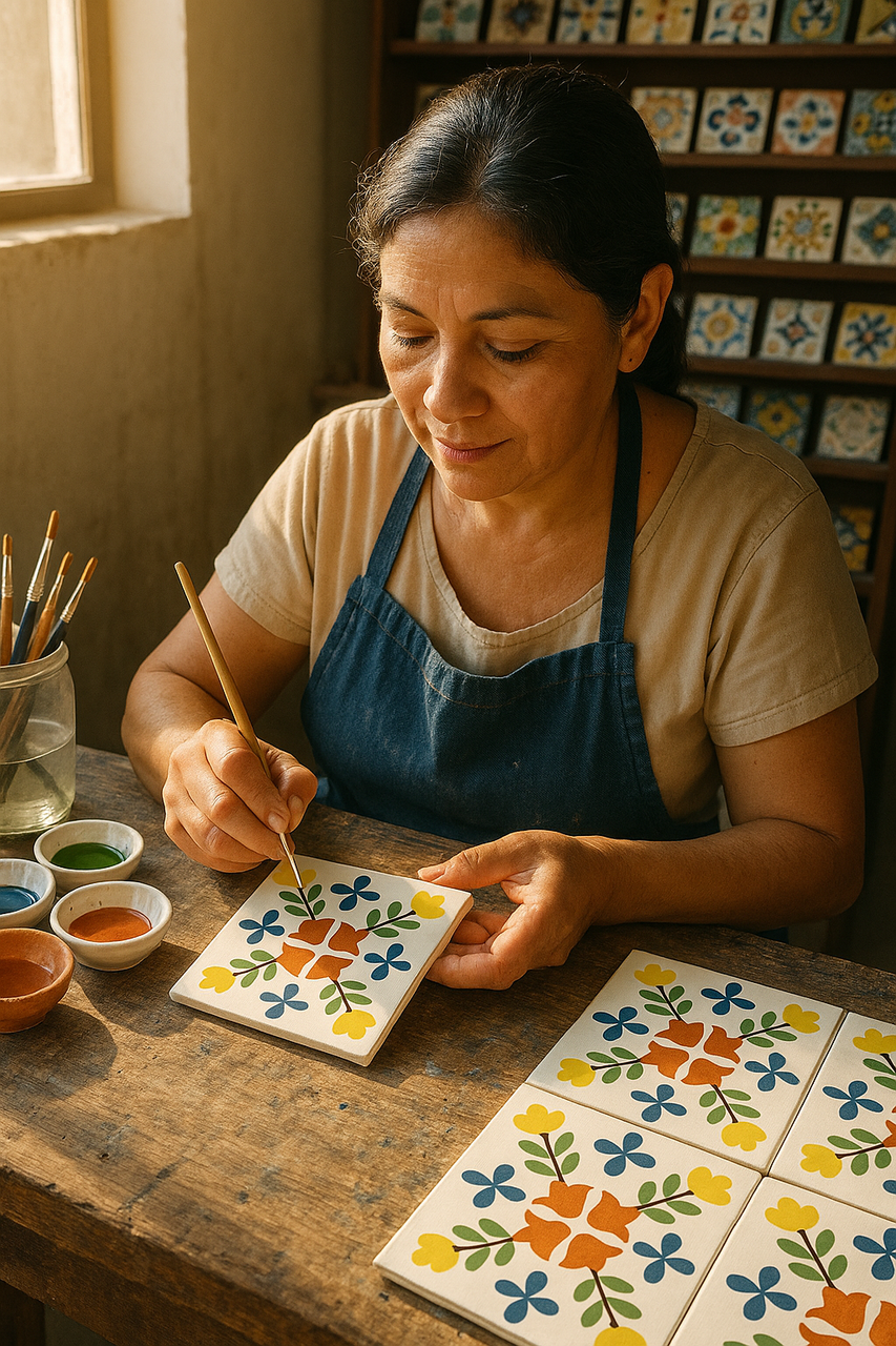 Mexican artisan painting a colorful floral Talavera tile by hand.